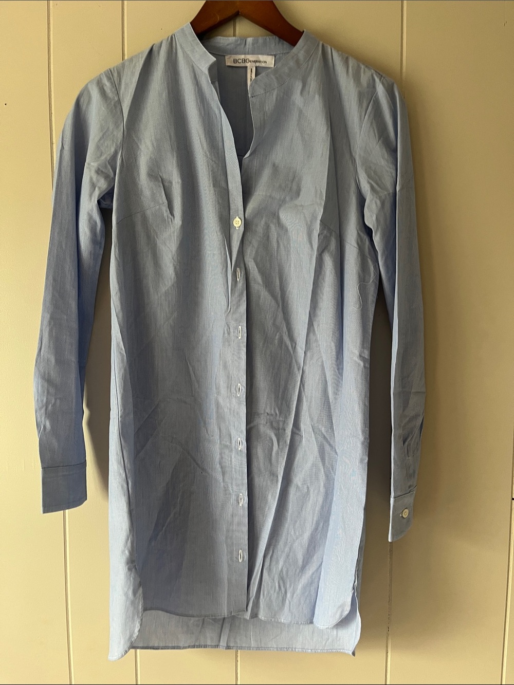 Eileen Fisher Pale Blue Longline Mandarin-Collar Button-Down Shirt